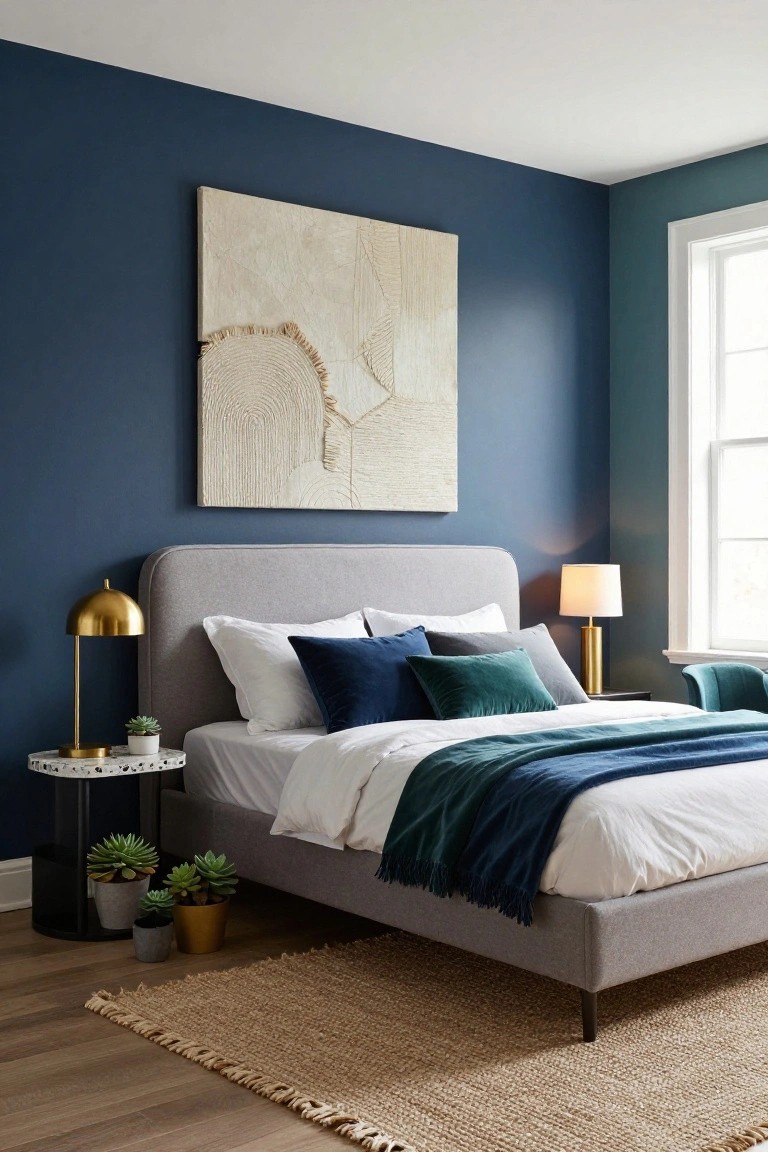 Bedroom with navy blue wall behind a gray upholstered bed dressed in white sheets, teal velvet pillows, navy throw, gold lamps on marble side table with succulents, abstract beige artwork, seagrass rug, and hardwood floors.