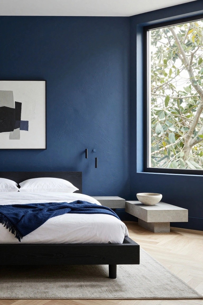 A bedroom with deep navy blue textured walls, a low black wood bed frame with white pillows and sheets topped by a navy throw, a floating gray concrete nightstand holding a white bowl, next to a large corner window showing green trees outside, on light herringbone oak floors.