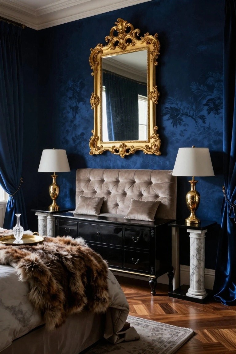 Corner of a bedroom with deep navy blue textured walls, large ornate gold-framed mirror, tufted gray velvet headboard, black dresser with gold lamps on marble pedestals, navy velvet curtains, and fur throw on a bed with parquet flooring.