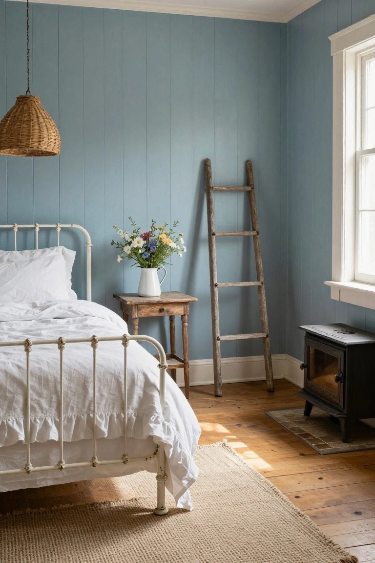 A bedroom corner with light blue vertical plank walls, white iron bed with rumpled white linens, wooden side table holding a vase of wildflowers, tall wooden ladder, and black wood stove on hardwood floors.