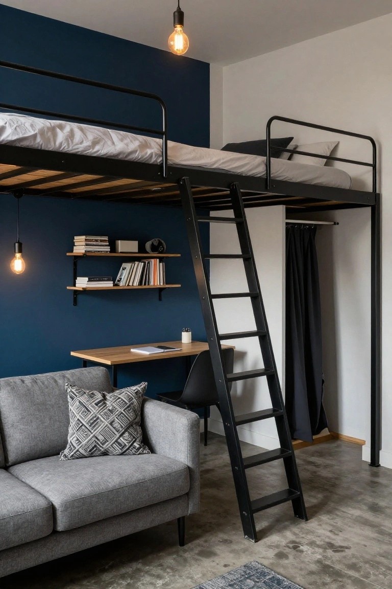 Compact bedroom with black metal loft bed platform over wooden desk and chair, navy blue accent wall, floating wooden shelves with books, gray two-seater sofa with patterned pillow, black ladder, gray curtain enclosure, pendant lights, and concrete floor with rug.