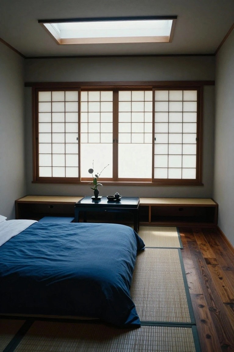 A minimalist Japanese-style bedroom with a deep blue futon on tatami mats, shoji screen windows, a low black table holding a flower vase and teacup, and built-in wood benches.