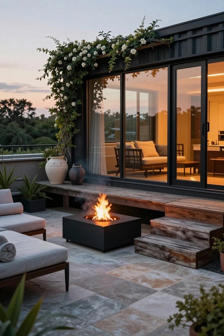 Rooftop terrace of a black shipping container home with a central black square fire pit on a wooden deck, white outdoor loungers, potted plants, climbing white flowers on the exterior, large glass sliding doors to an indoor living area with furniture visible, wooden steps, and greenery at dusk.