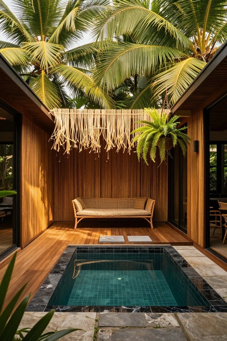 Wooden deck balcony area featuring a small turquoise-tiled plunge pool edged in black marble, rattan loveseat, bamboo walls, hanging raffia fringe, potted plants, and palm trees overhead.