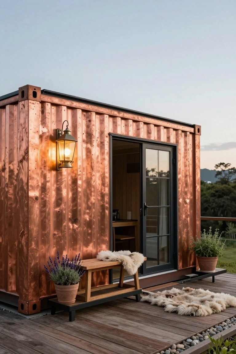 Copper-paneled shipping container home exterior with open glass sliding door, wooden deck featuring a bench draped with sheepskin throws, potted plants, fur rug, and wall lantern at dusk near wooded hills.