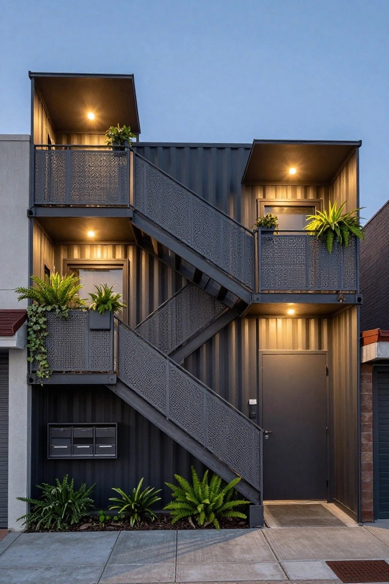 Three-level shipping container home with zigzagging dark metal external staircase, mesh railings forming balconies with potted plants, warm interior lighting visible at dusk, and some ground plants nearby.
