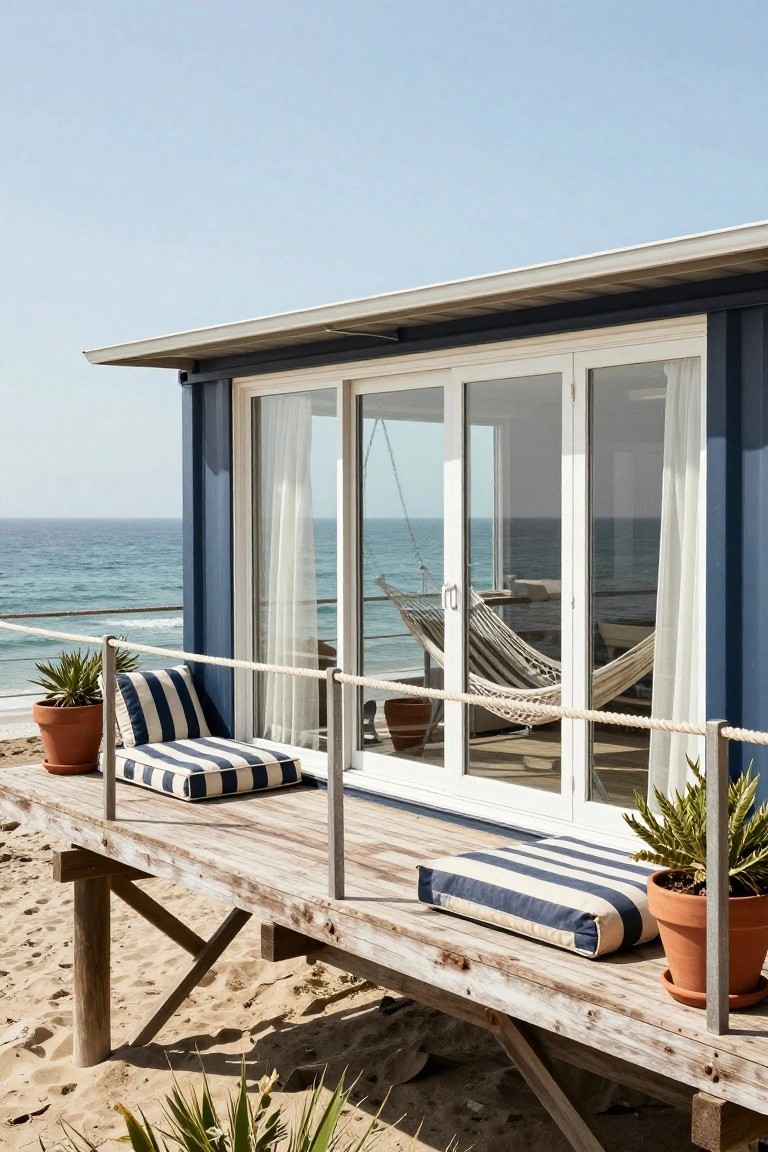 Blue shipping container home elevated on a wooden deck over sandy beach, with sliding glass doors open to interior hammock, outdoor striped cushions, potted plants, and white rope railings along the deck edge facing the ocean.