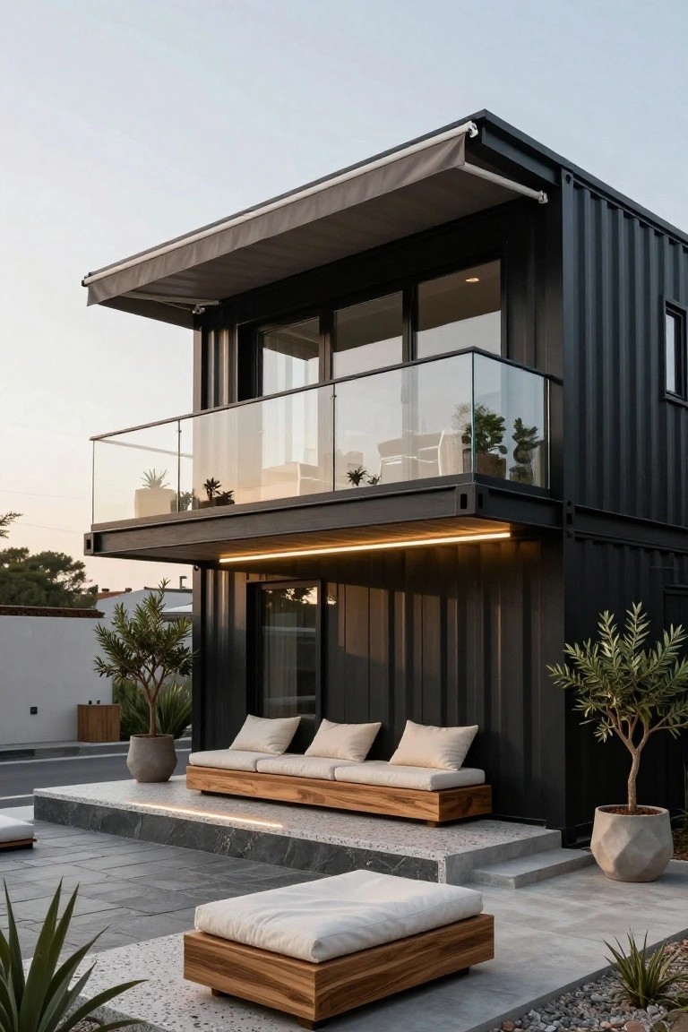 Two-story black shipping container home with upper glass balcony, lower wooden bench seating on raised platform, potted plants, and stone tile patio.