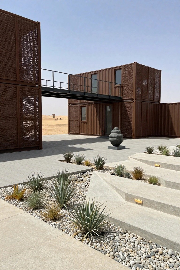 Two stacked brown shipping container structures connected by a narrow black metal bridge at upper level, featuring perforated metal screens, set in a concrete courtyard with agave plants, gravel, angled steps, and a black stone sculpture, against desert dunes under blue sky.
