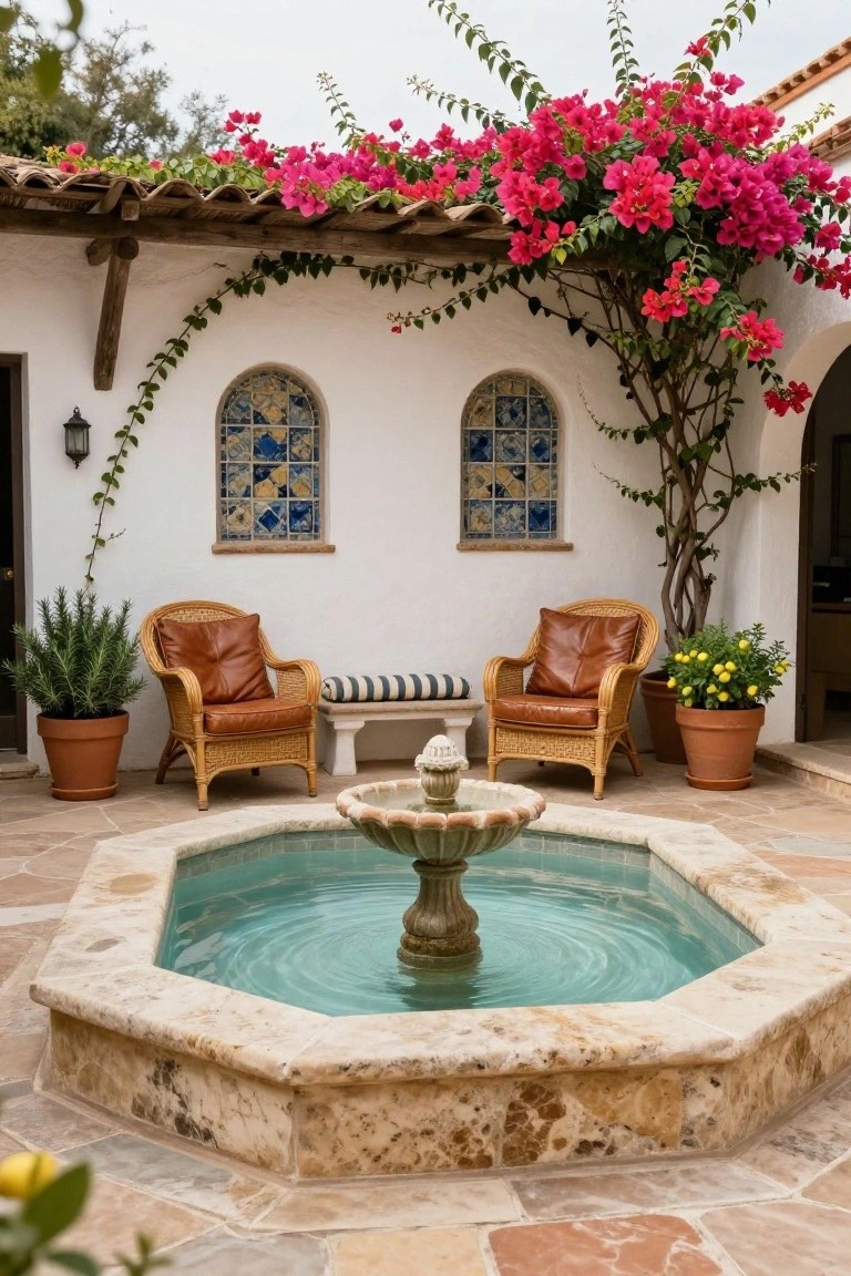 Hacienda-style courtyard with central octagonal stone fountain, two wicker armchairs with brown leather cushions, potted rosemary and citrus plants, white stucco walls with blue tiled windows, and pink bougainvillea vines over a wooden pergola.