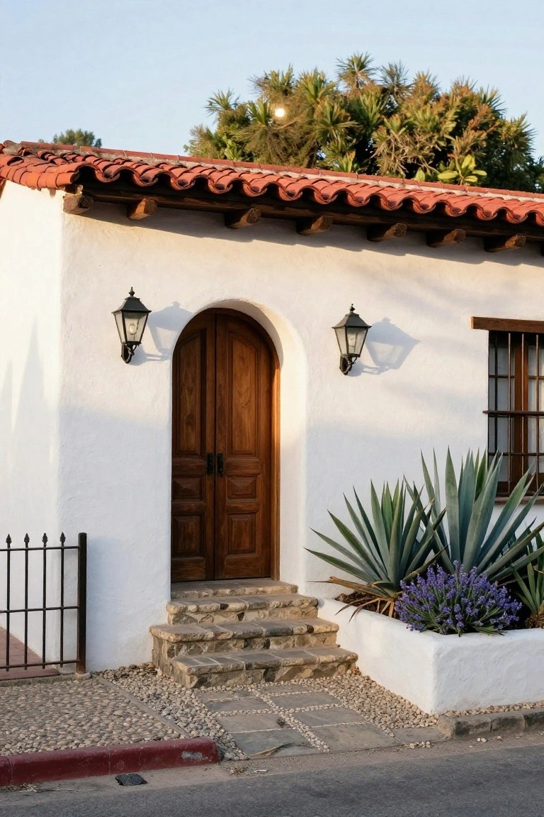 White stucco hacienda-style house facade with red tile roof, arched wooden double doors, black lanterns, iron gate, stone steps leading to the entry, agave and lavender plants in a bed, and palm trees in the background.