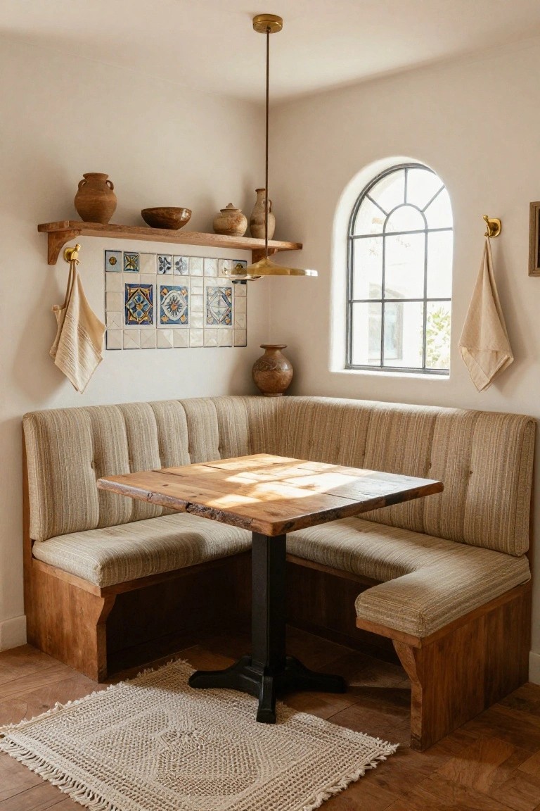 Corner booth with beige tufted banquette seating around a square wooden table, wooden shelves with terracotta pots above a blue tiled backsplash, and an arched window nearby.