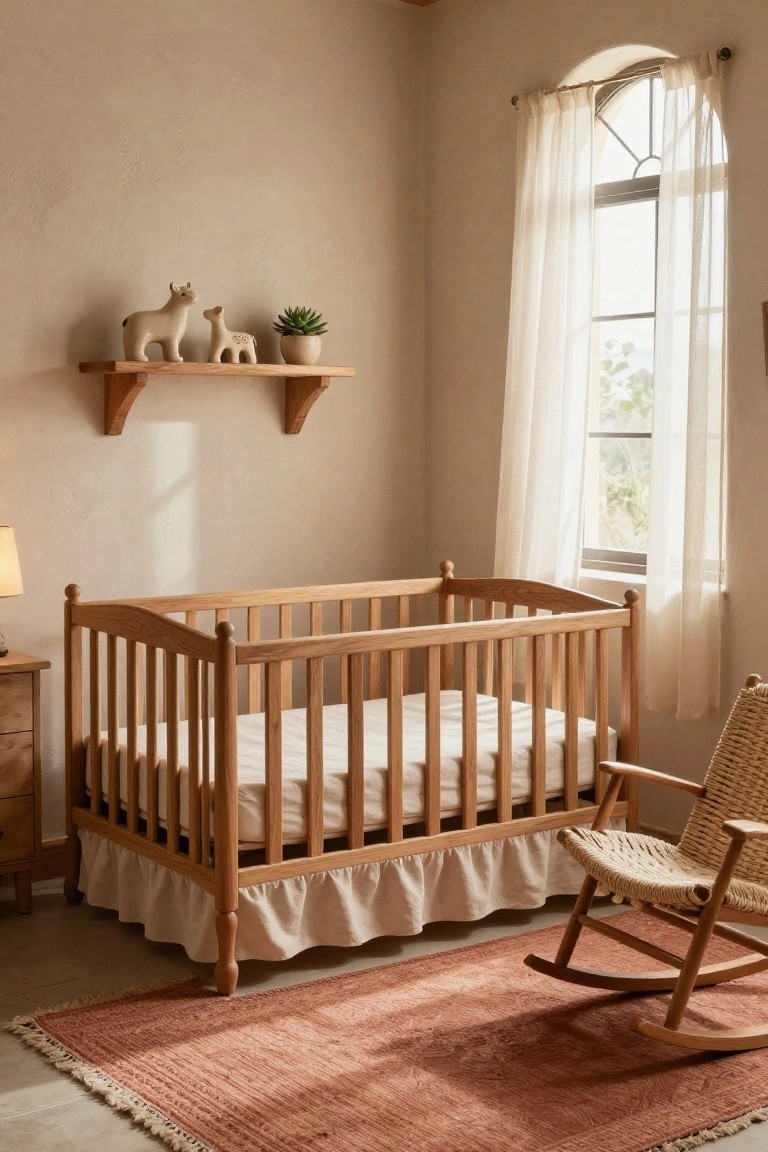 A beige nursery room with wooden crib on a mattress with white sheet and ruffled skirt, wooden rocking chair nearby, wooden shelf holding white llama figurines and a potted succulent, arched window with sheer white curtains, and terracotta rug on the floor.