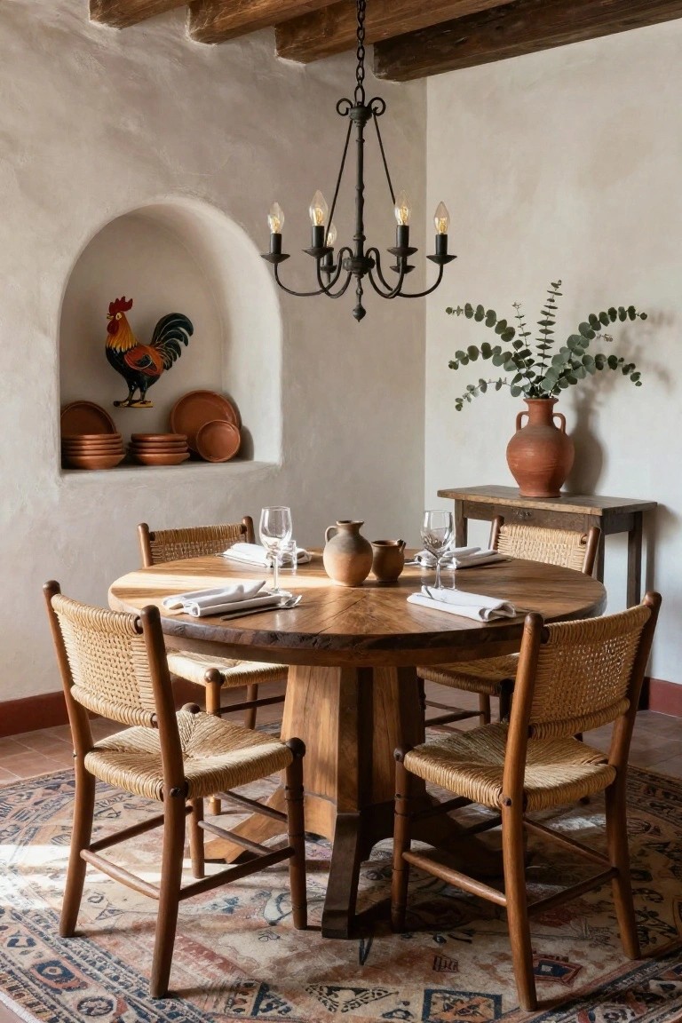 Sunlit hacienda-style dining room with white adobe walls, exposed wooden beams, a round wooden table set with white linens and wine glasses, four rattan chairs, a black metal chandelier, and decorative terracotta pots and a colorful rooster sculpture in a wall niche.
