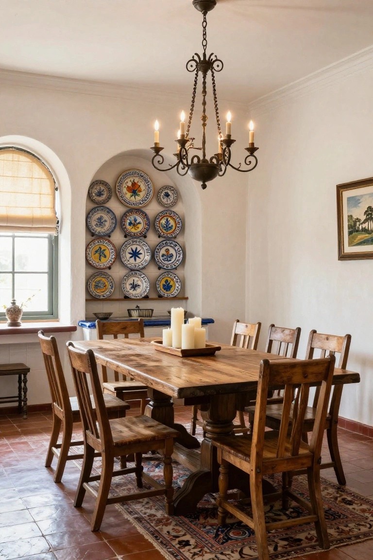 Dining room interior with white stucco walls, an arched niche displaying colorful ceramic plates next to a shaded window, wooden dining table with candles, wooden chairs, chandelier, and terracotta tile floor.