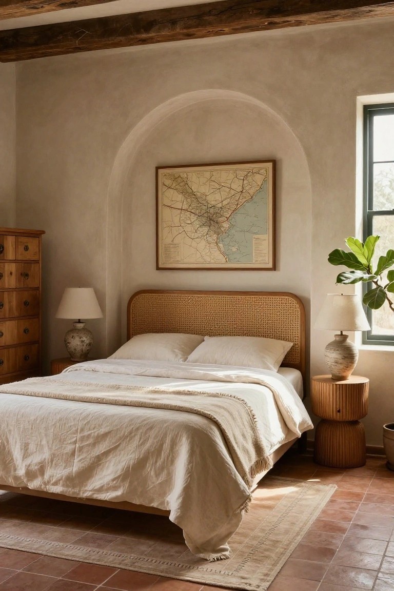 Bedroom with exposed dark wooden ceiling beams, beige plaster walls including an arched niche with framed vintage map, rattan headboard bed with white linen sheets and throw, wooden dresser and side tables, potted plants, and terracotta tile floor.