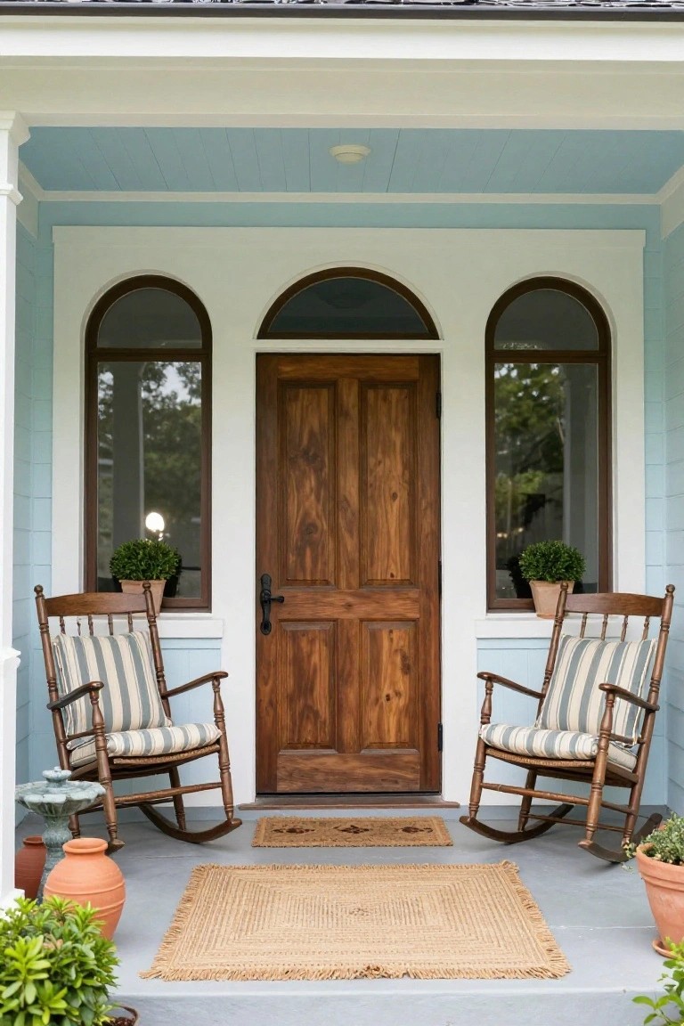 Front porch of a light blue house with white trim, featuring a dark wood paneled double door centered between two arched windows with boxwood topiaries, flanked by two wooden rocking chairs with white and blue striped cushions, potted plants, terracotta pots, a birdbath, and a seagrass rug.