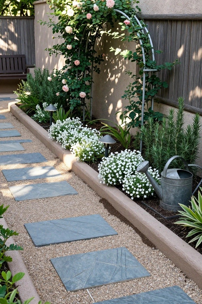 Garden path of rectangular gray slate stepping stones set in tan gravel, bordered by raised beds with white clustered flowers, rosemary shrubs, and pink climbing roses on a metal archway beside a wooden bench and fence.