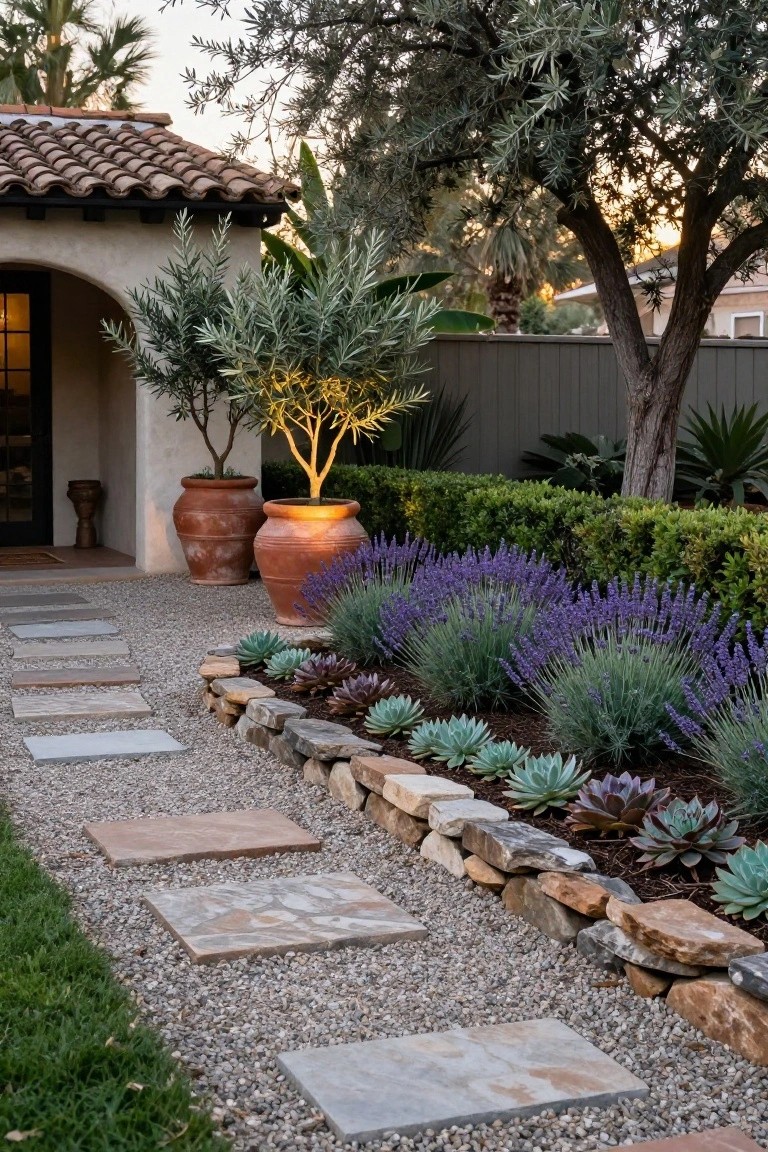 Gravel pathway with irregularly spaced stone stepping stones leading to a stucco arched entryway under a red tile roof, bordered by low rock walls planted with lavender, succulents, and agaves, with large terracotta pots holding olive trees nearby.