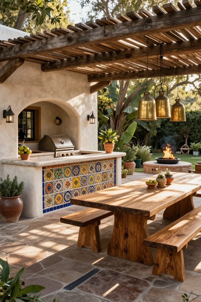 Hacienda-style outdoor patio with wooden pergola, stucco walls, built-in grill counter featuring colorful Mexican tiles, hanging brass lanterns, potted plants, rustic wooden dining table and benches, and circular stone fire pit.