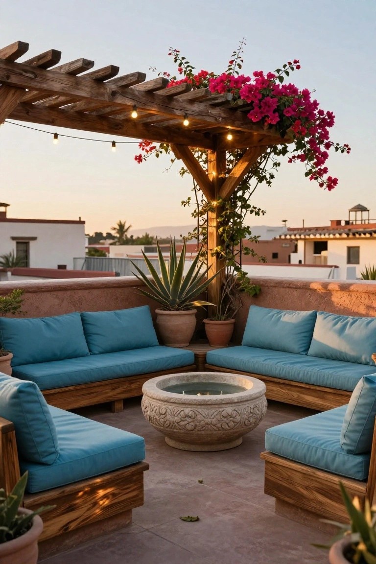 Rooftop terrace with wooden pergola draped in pink bougainvillea and string lights, U-shaped low wooden sofas with blue cushions arranged around a central carved stone fire pit basin, potted agave plants, and terracotta walls.