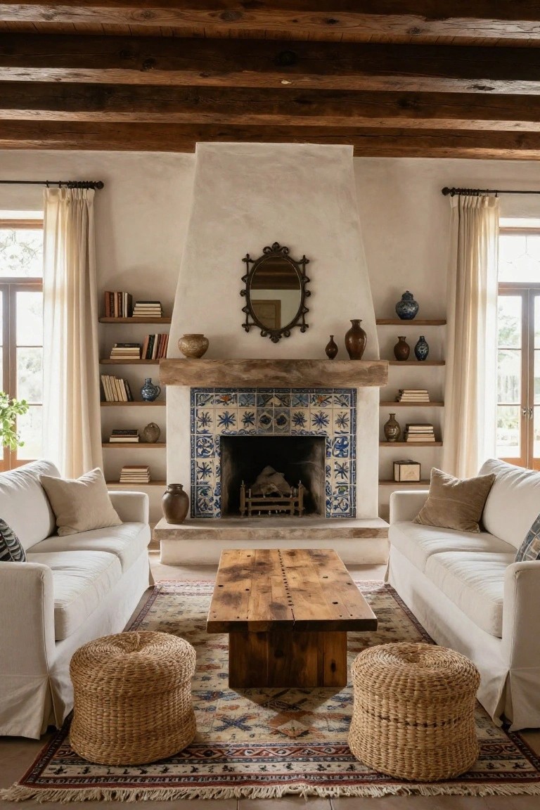Hacienda-style living room interior featuring exposed dark wooden ceiling beams, a blue tiled fireplace with wooden mantel, white sofas, wooden coffee table, woven poufs, bookshelves, and patterned rug.