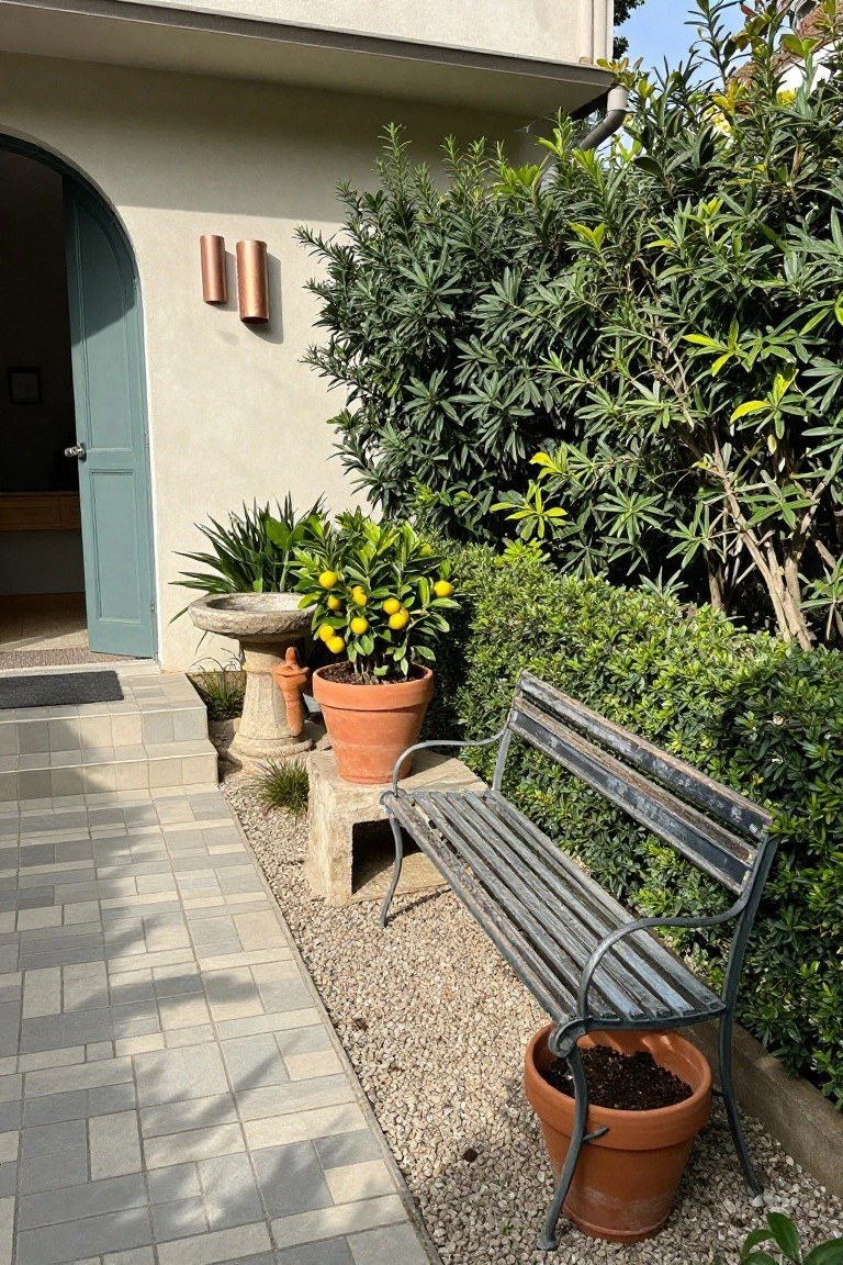 Open arched turquoise door in beige stucco wall with copper wall lights, stone birdbath, potted lemon tree, dense green hedges, and weathered black metal bench on gravel beside tiled steps and terracotta pots.