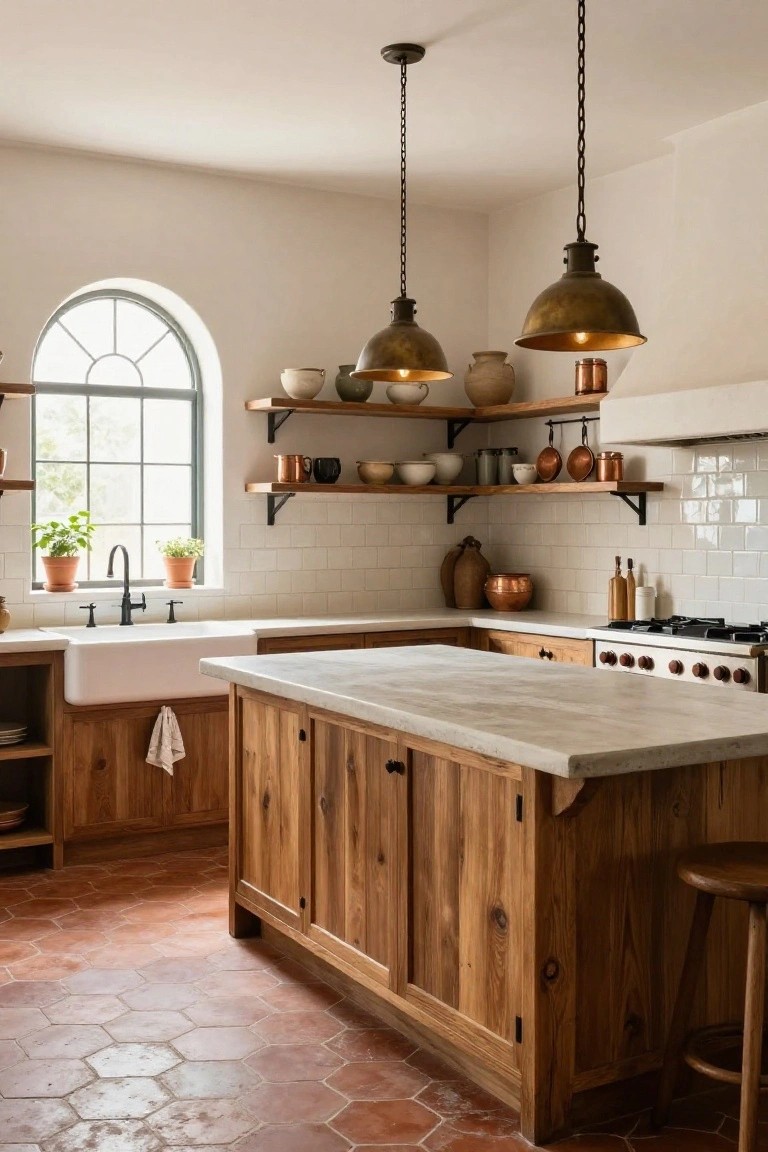 Hacienda-style kitchen interior with wooden cabinets and island, white farmhouse sink, terracotta hexagon tile floors, open shelves with copper cookware, brass pendant lights, and arched window.