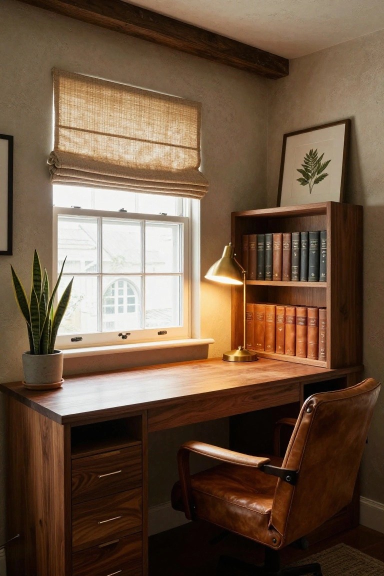 Wooden desk with drawers and adjacent bookshelves holding leather-bound books, beside a leather armchair, brass desk lamp, potted snake plant, and window with bamboo shade in a light-colored room.