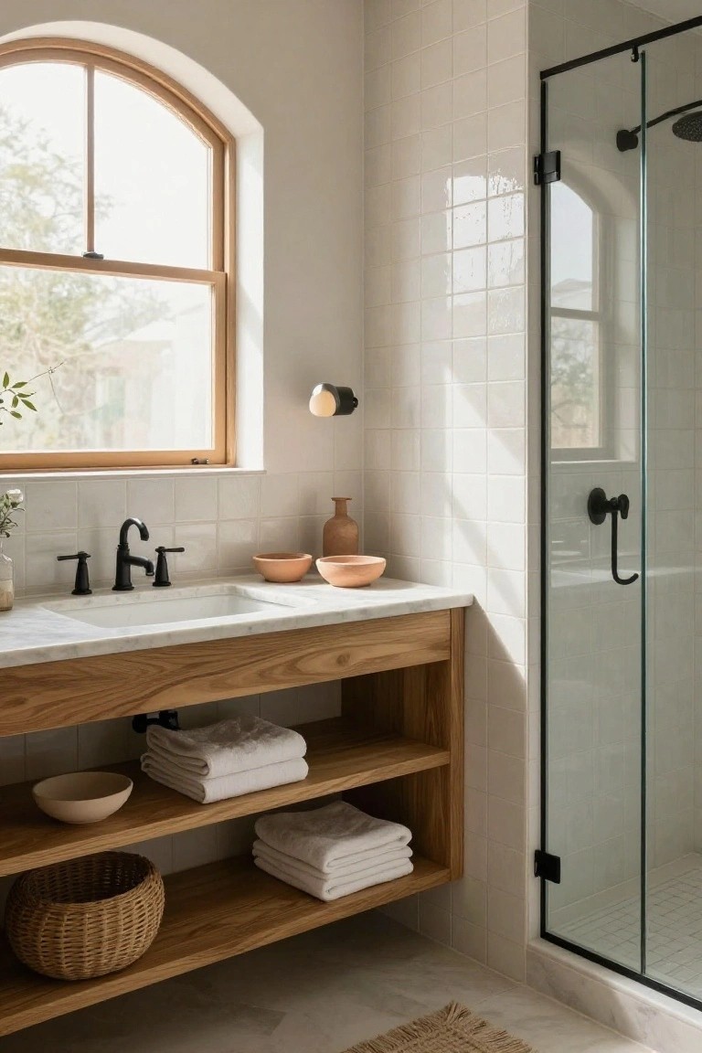 Bathroom with white subway tile walls, oak wood vanity featuring open lower shelving stocked with white towels and woven baskets, white marble sink, black faucets, glass shower enclosure, and arched window with natural light.