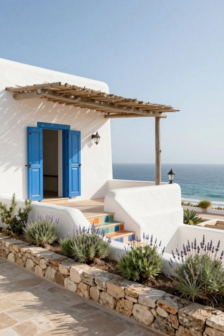 White stucco house exterior featuring open blue double doors under a wooden pergola, colorful tiled steps, lavender plants in a stone wall bed, and ocean view beyond.