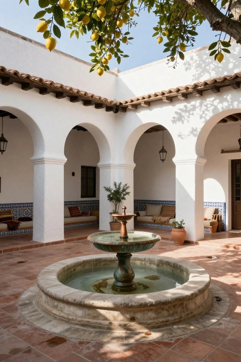 Hacienda-style courtyard with central stone fountain, white stucco arches and columns, built-in cushioned benches with blue tile accents, terracotta floor tiles, potted plants, and lemon tree branches overhead.