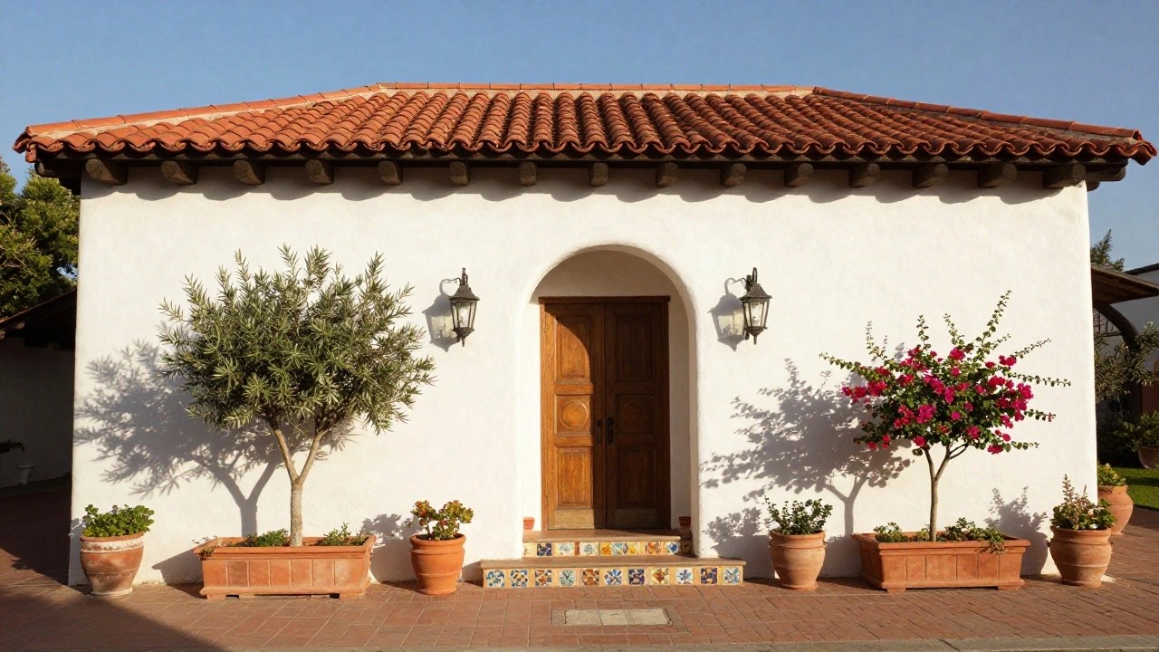 White stucco hacienda-style house entrance with double wooden doors under an arched portal, flanked by black lanterns and potted olive trees with red bougainvillea flowers, colorful tiled steps, and additional terracotta planters.