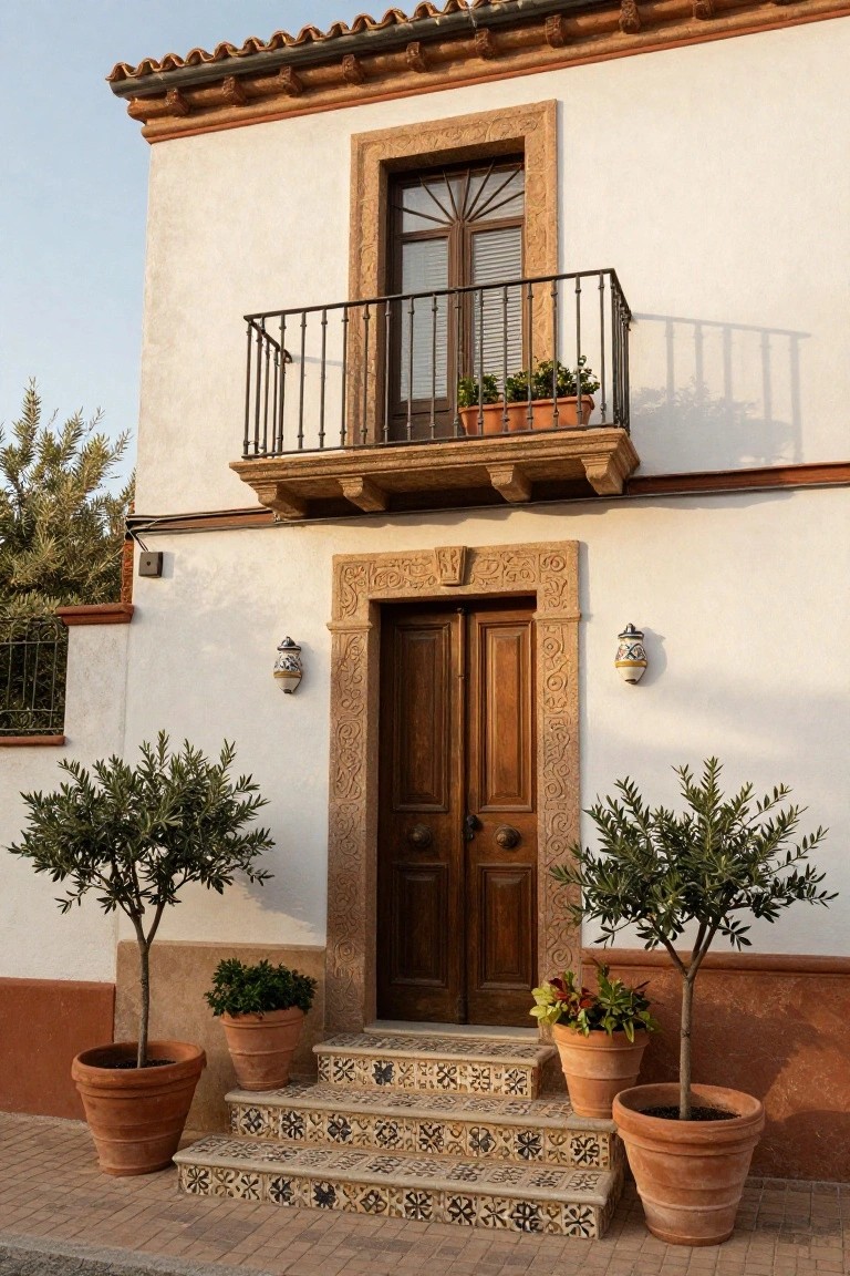 White stucco hacienda-style house facade featuring a carved wooden double door with stone frame, flanked by two large potted olive trees in terracotta pots beside tiled steps, with a wrought-iron balcony and potted plants above.