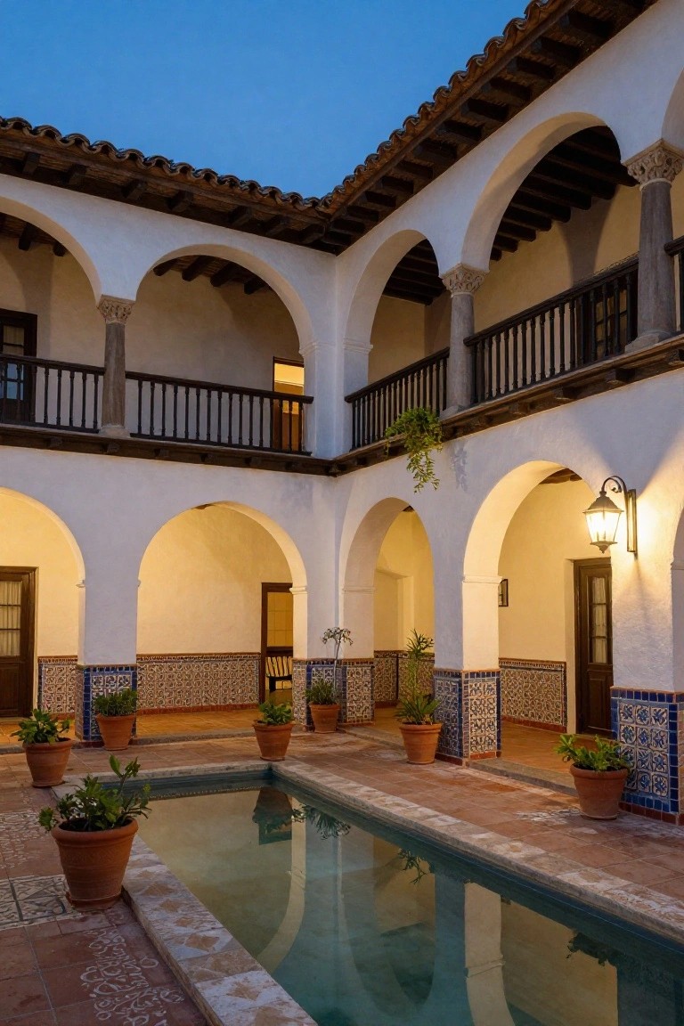 Hacienda-style courtyard at dusk with a central rectangular reflecting pool, white stucco walls featuring arched colonnades and columns, potted plants, tiled flooring, and wall lanterns.