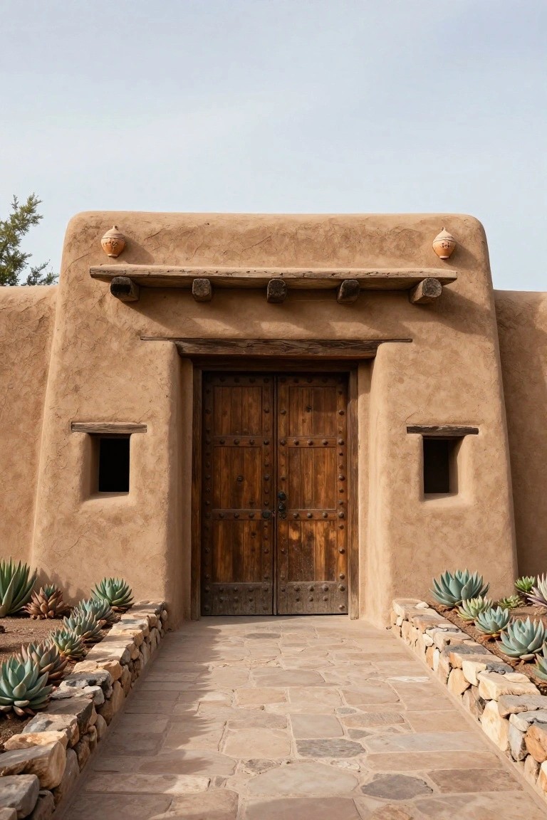 Tan adobe hacienda-style exterior facade with large dark wooden double doors featuring iron hardware, flanked by small recessed windows, wooden lintel above, decorative pots on roof corners, stone pathway leading to entry bordered by agave plants in rock walls.