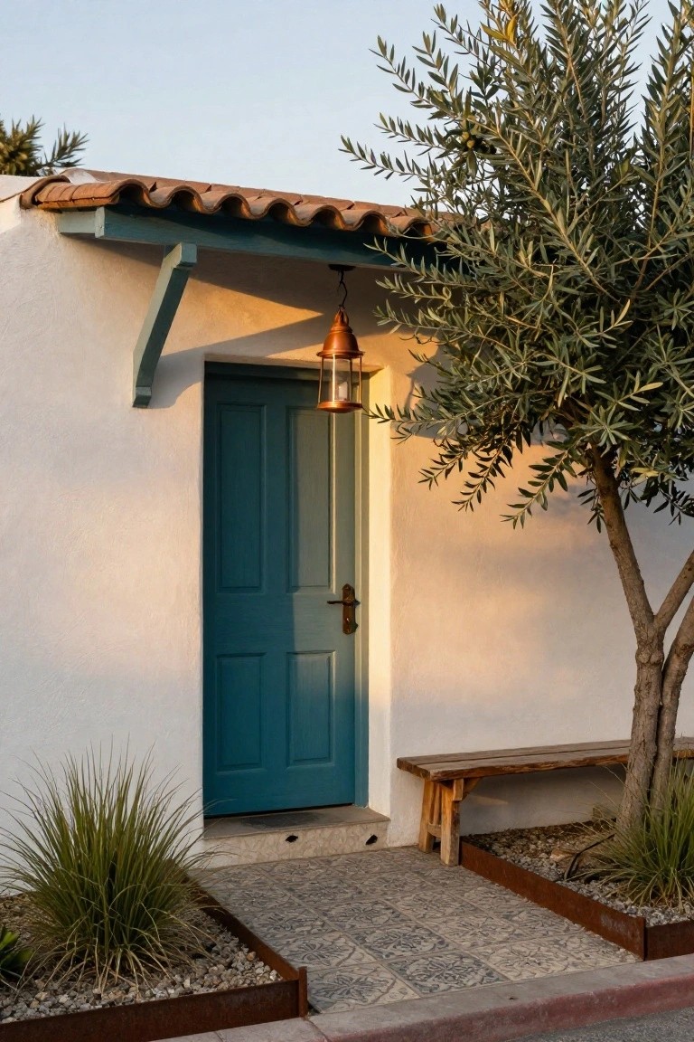 White stucco hacienda exterior with turquoise front door under wooden beam overhang, copper lantern, olive tree, wooden bench, and gravel landscaping beds.