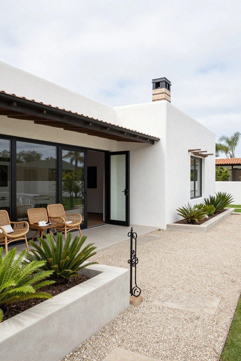 Side exterior view of a white stucco hacienda-style house featuring large black-framed sliding glass doors open to a covered patio with rattan chairs around a table, gravel pathway, raised planters with ferns, and a chimney on the tiled roof.