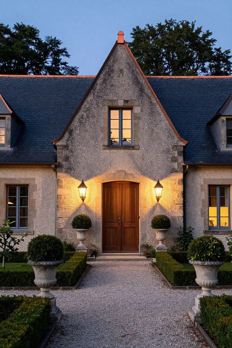 Charming stone house with wooden door, glowing lanterns, and gravel path.