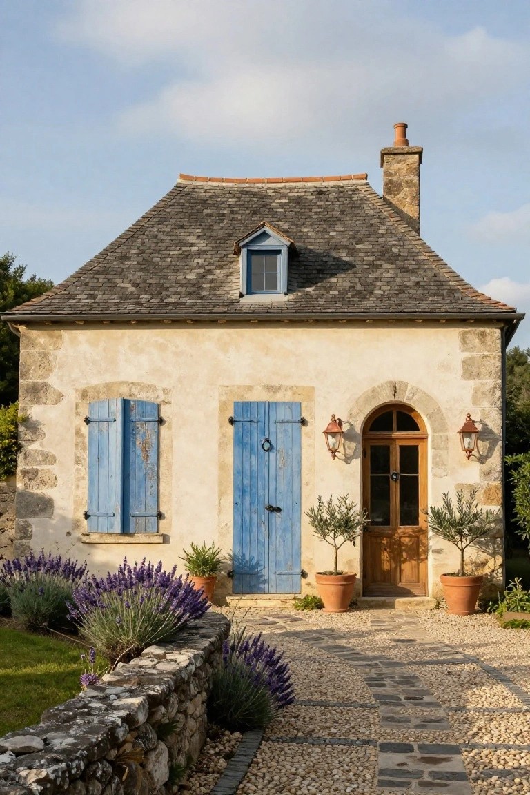 Small beige stone cottage with steep slate roof, blue wooden shutters on windows, arched wooden front door flanked by lanterns and potted olive trees, lavender bushes along a low stone wall, and pebble path leading to the entry.