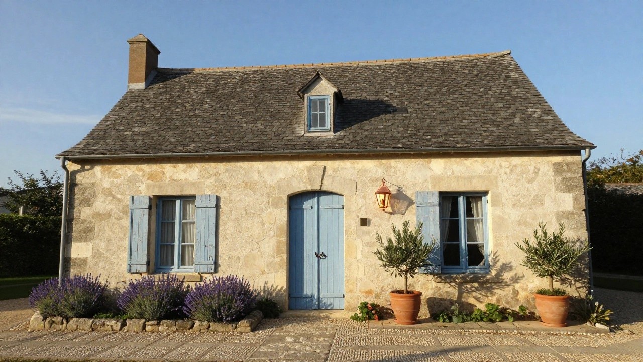 Small beige stone cottage with steep slate roof, blue wooden shutters on windows, arched wooden front door flanked by lanterns and potted olive trees, lavender bushes along a low stone wall, and pebble path leading to the entry.