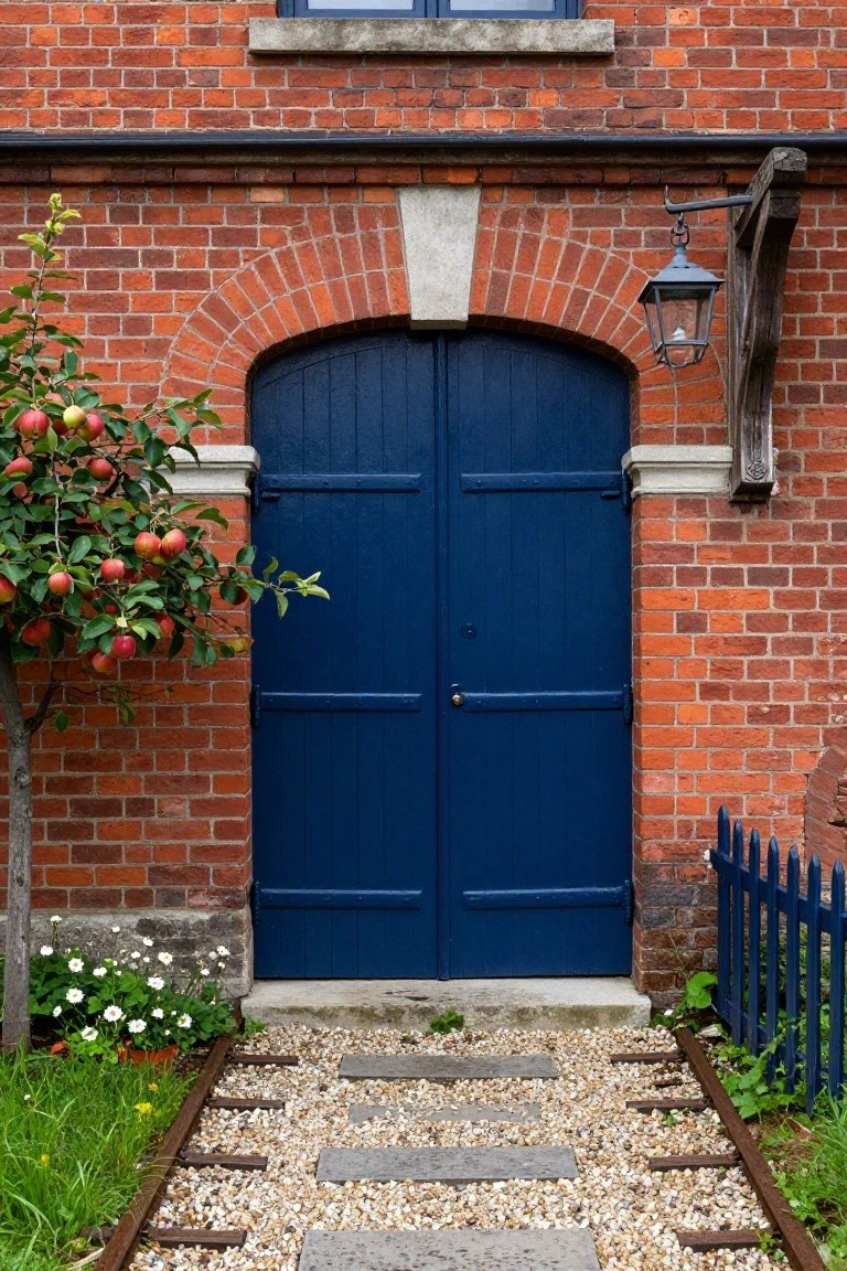 Blue double doors on red brick wall with small apple tree.