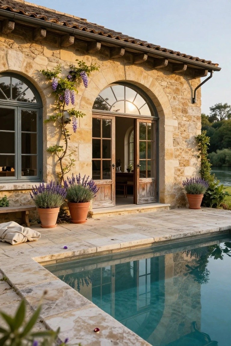 Beige stone house exterior with arched double wooden doors partially open, climbing purple wisteria vines on the archway, potted lavender plants on a stone terrace, and a small turquoise pool reflecting the facade next to a river.