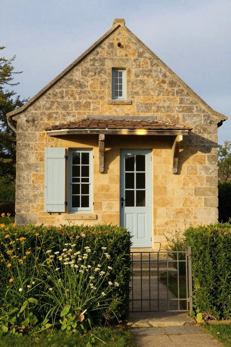 Small gabled cottage built from beige limestone blocks features a blue front door and matching shutters under a wooden hooded porch with brackets, approached via a black wrought-iron gate amid boxwood hedges and colorful flowers.