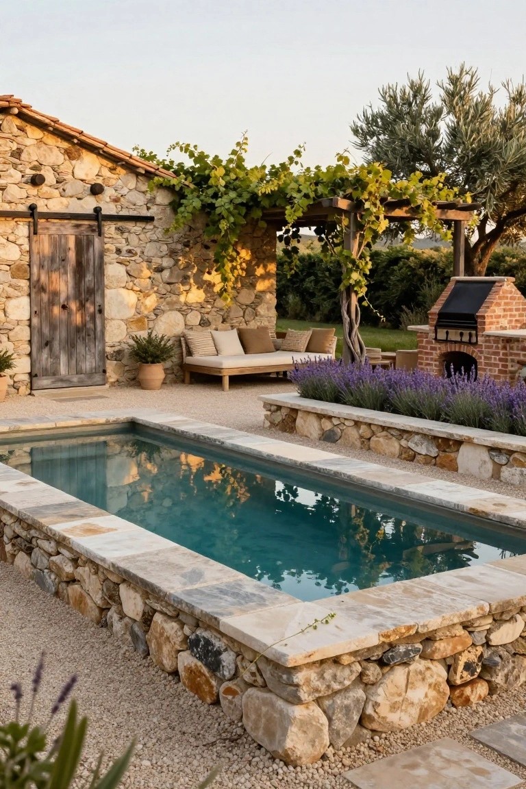 Rectangular turquoise plunge pool with stone slab edging and dry-stacked stone walls in a gravel courtyard, adjacent to beige outdoor sofa, vine-covered pergola, lavender planters, brick BBQ grill, and rustic stone house wall with barn door.