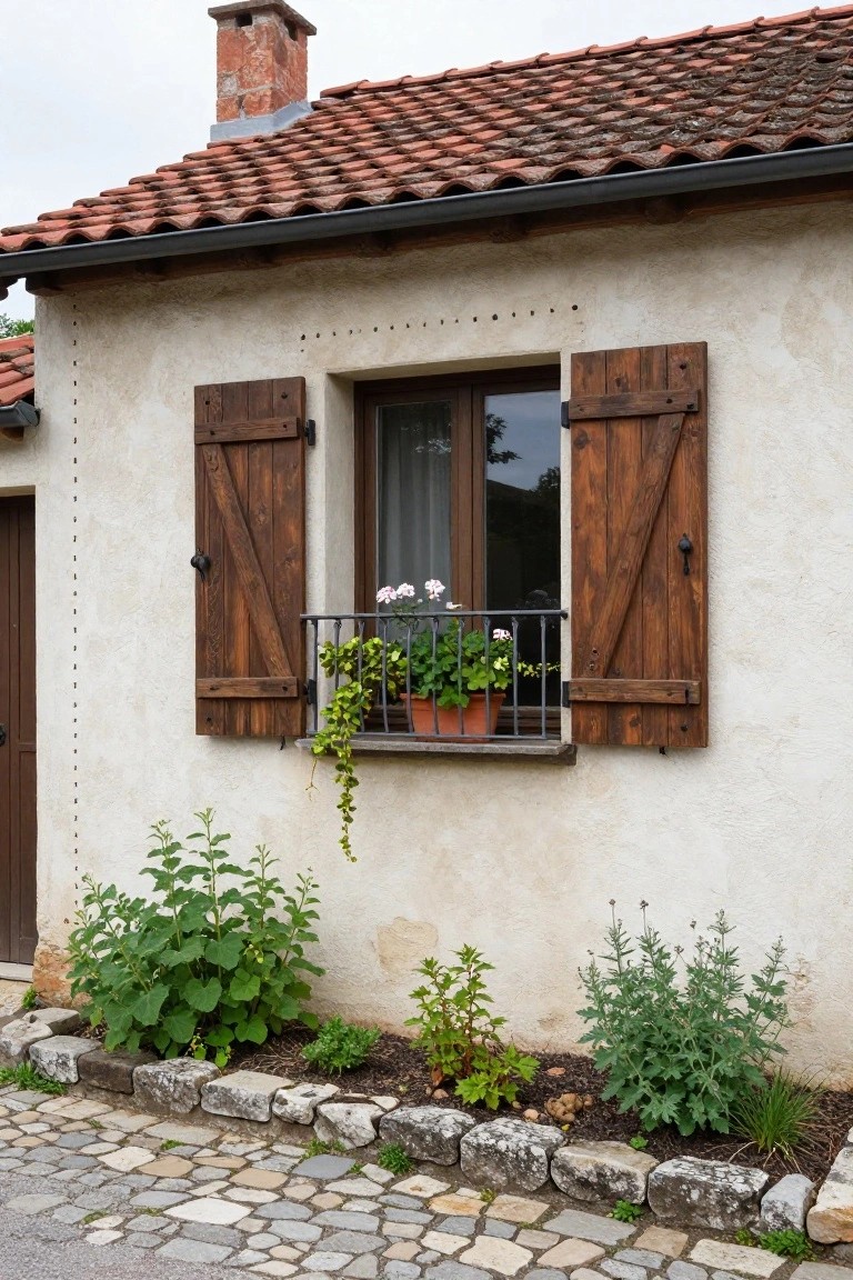 Beige stucco house wall with open wooden shutters on a double window, wrought-iron railing holding a terracotta flower box of pink geraniums and greenery, low plants in a stone-edged bed along a cobblestone path.