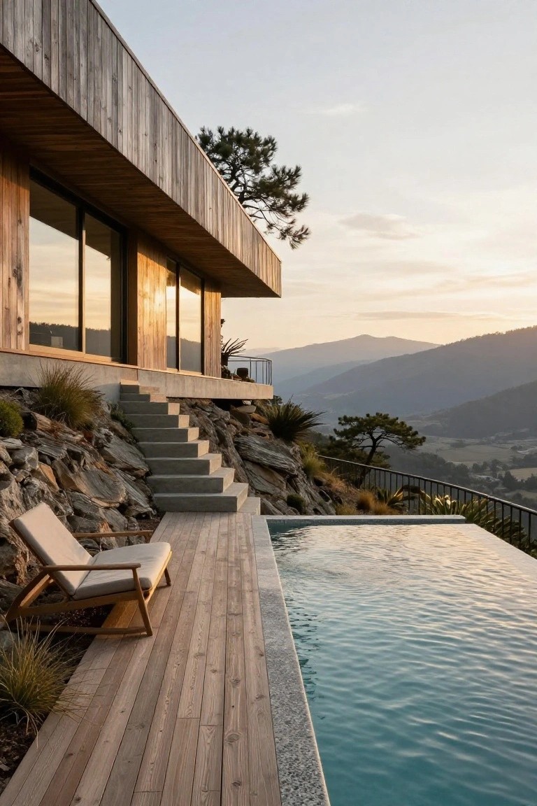 Modern wooden house with cantilevered upper level perched on rocky hillside, featuring large glass walls, wooden deck with infinity-edge pool, lounge chair, and mountain valley view at sunset.