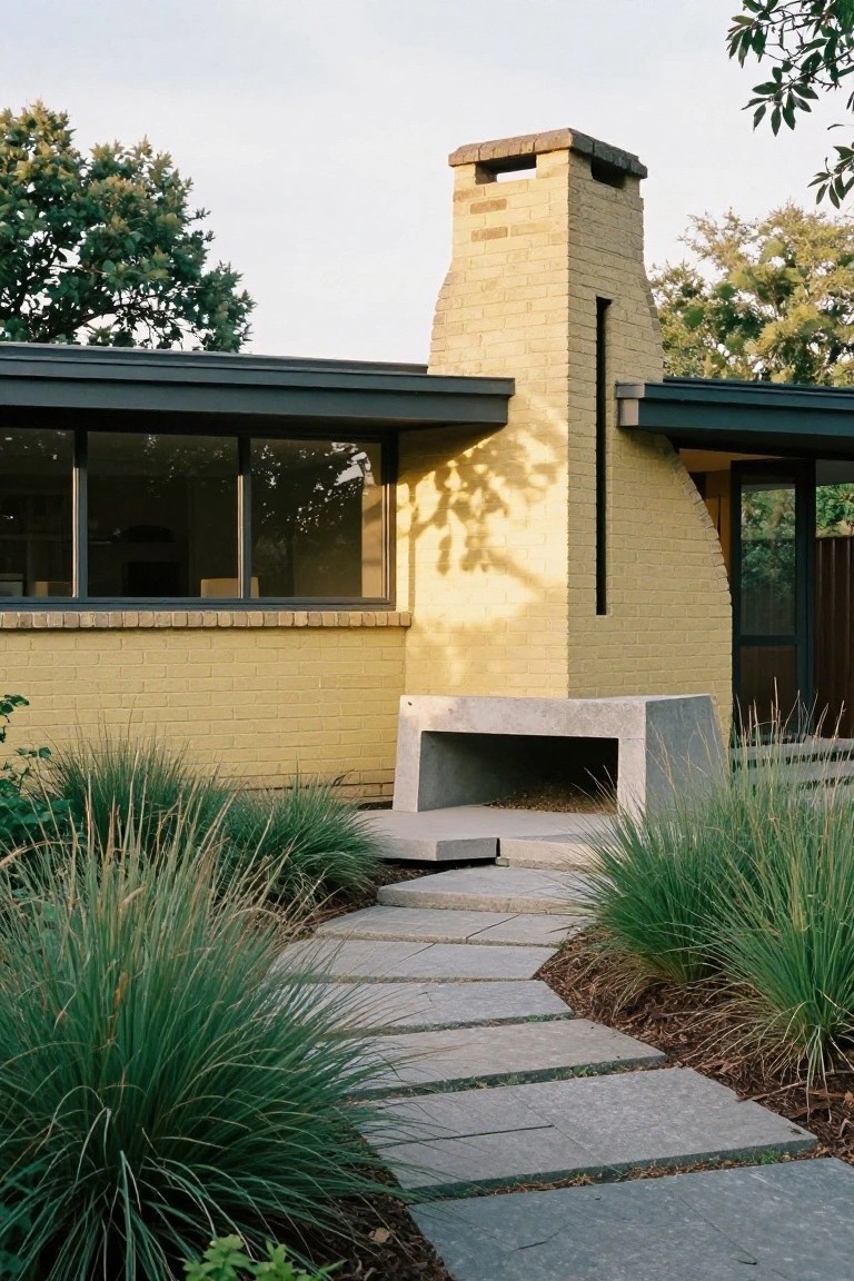 Mid-century modern house exterior with pale yellow brick walls, tall brick chimney, dark roof overhang, large windows, concrete outdoor fireplace, stone pathway, and tall ornamental grasses.