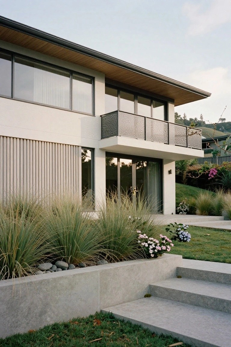 Side view of a white mid-century modern house with vertical slatted wall, cantilevered balcony with metal railing, glass entry doors, concrete steps, and grasses in a stone-edged bed.