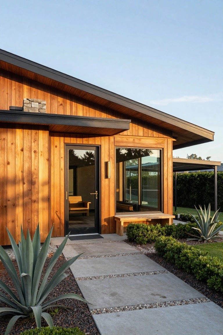 Close view of a mid-century modern house exterior with vertical wood siding, black framed glass door and window under a cantilevered wood canopy, built-in bench, stone chimney, pebble pathway, agave plants, and boxwood shrubs.